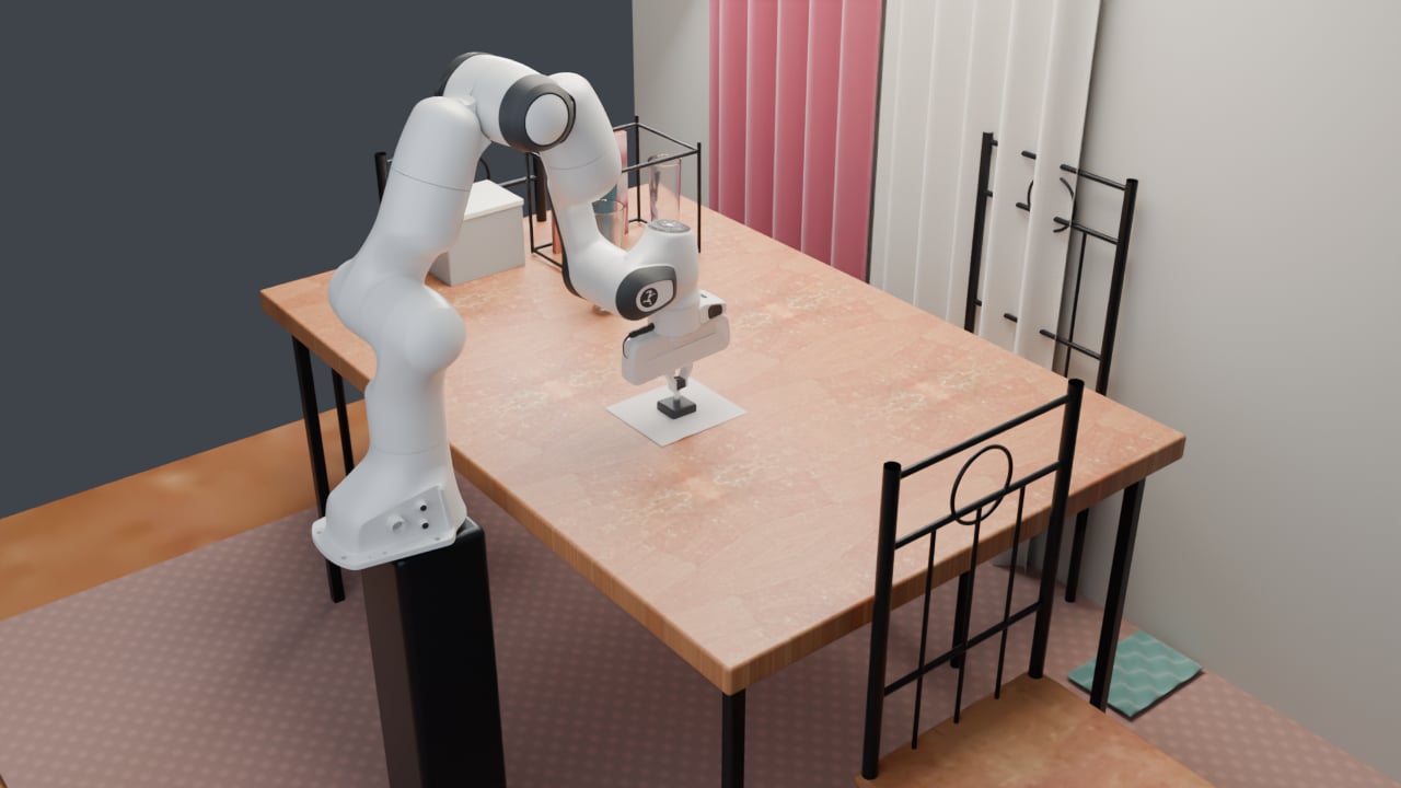Rendered Panda robot at a dining table with black metal chairs, glassware and curtains.